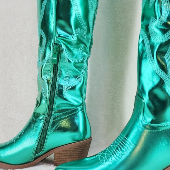Country Disco Cowboy Metallic Green Western Cowgirl OTK Thigh Boots New - Picture 15 of 15